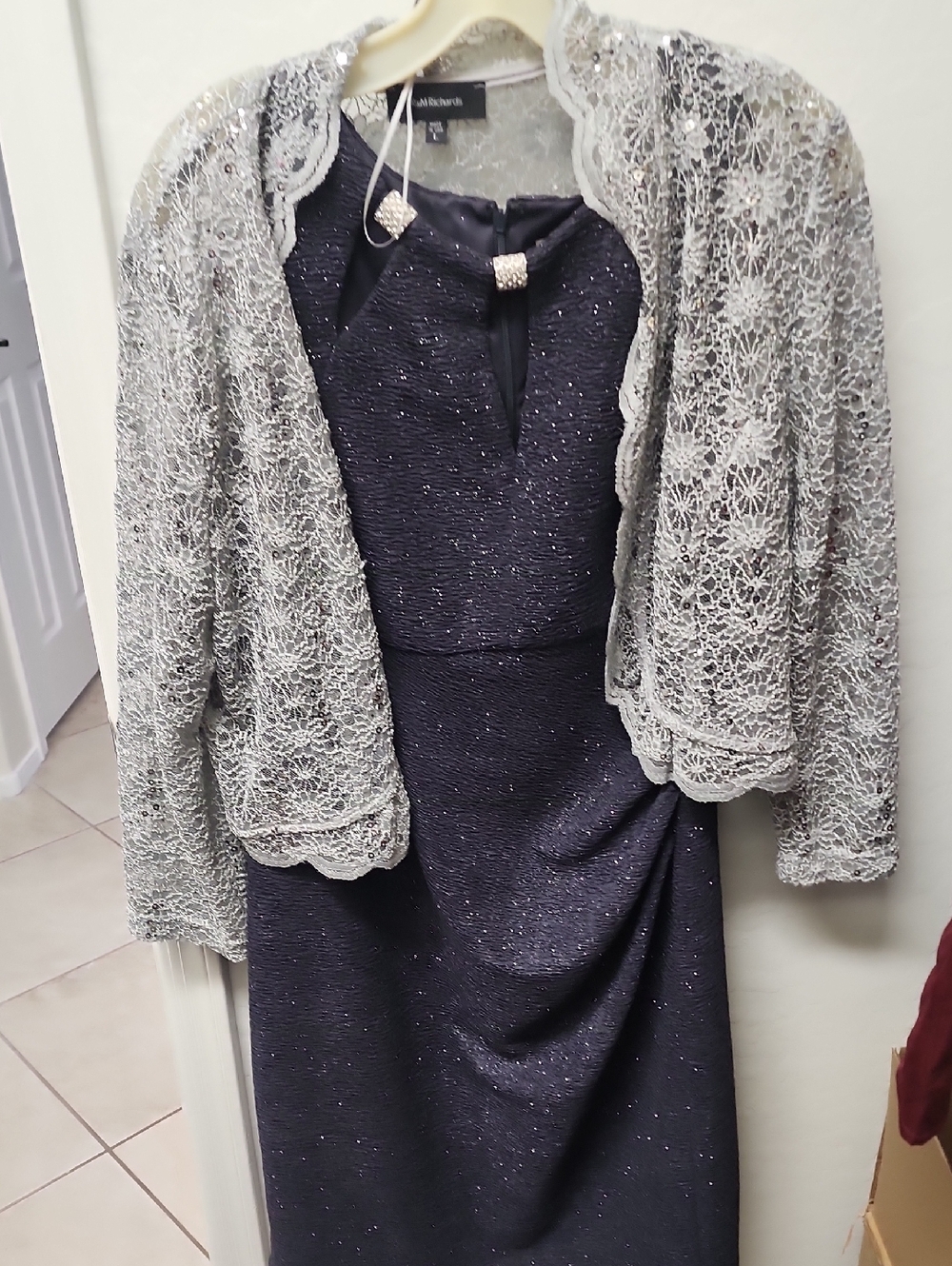 Eliza J Navy Blue Glitter Cocktail Dress with Silver Lace Jacket